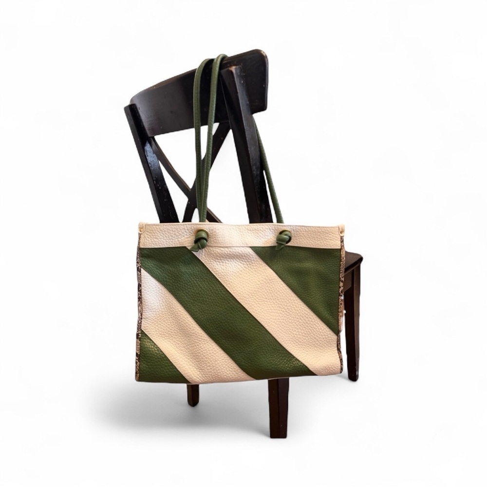 Anthropologie Green & Cream Striped Faux Leather Tote Bag